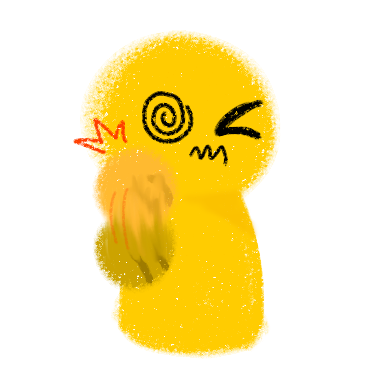 a yellow figure with a distressed expression experiencing a myoclonic jerk. Their whole torso is curved to one side, and one arm is up and the other is down. There are orange lines showing that their head and hip are moving involuntarily.